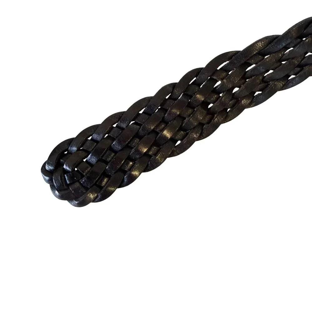 Leather Braided Belt L 45" Womens Black Gold Metal Buckle - Picture 5 of 5